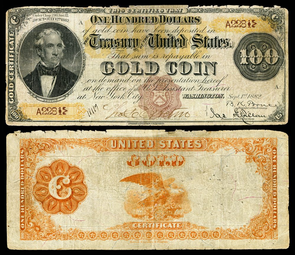 1882 1882 $100 Gold Certificate — triple-signed Thomas Hart Benton (Fr.1202)